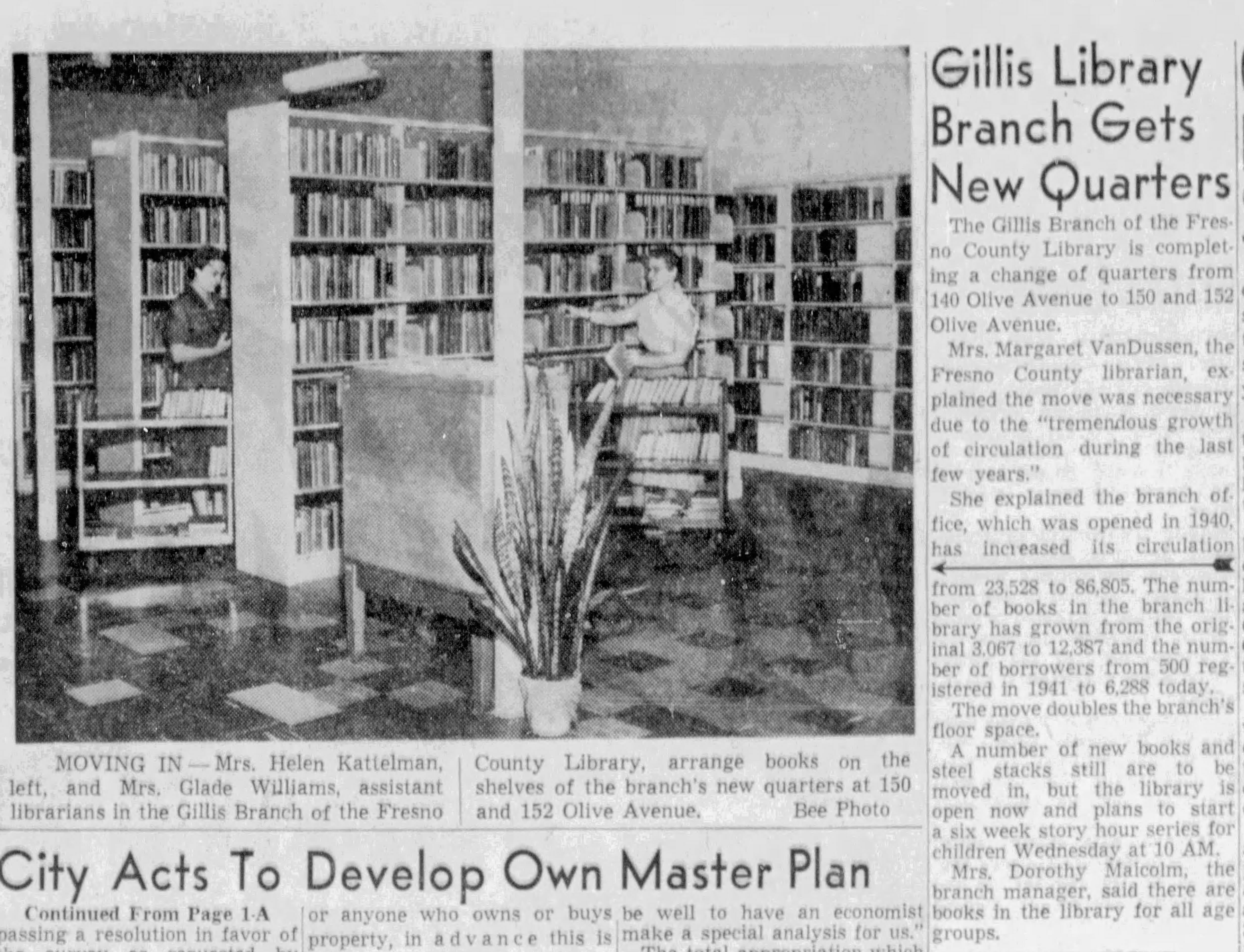 A photocopy of an article from the Fresno Bee Repupblican on July 8th, 1955, titled, 'Gillis Library Branch Gets New Quarters'. The article contains a black-and-white photograph of the inside of the library, where two assistant librarians are arranging books on the shelves.